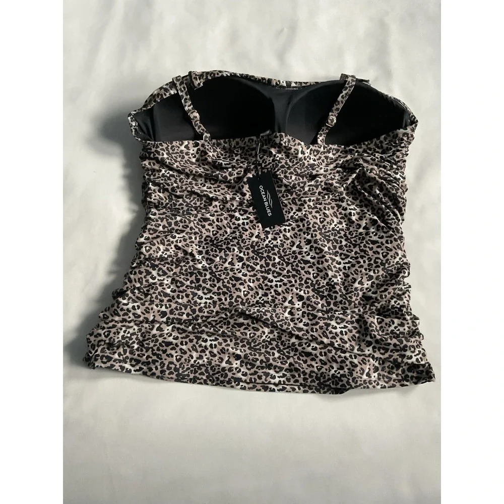 ocean Blue Women's Plus Blouson Bandeau Tankini Top Leopard Print Size 4XL